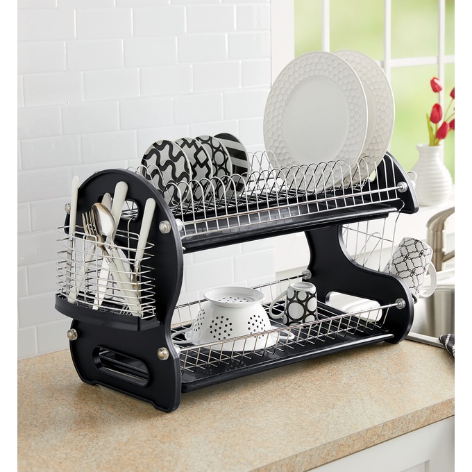 Space-Saving 2-Tier Dish Drying Rack with Utensil Holder, , large