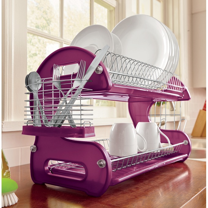 Space-Saving 2-Tier Dish Drying Rack with Utensil Holder, , large