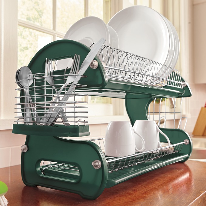 Space-Saving 2-Tier Dish Drying Rack with Utensil Holder, , large