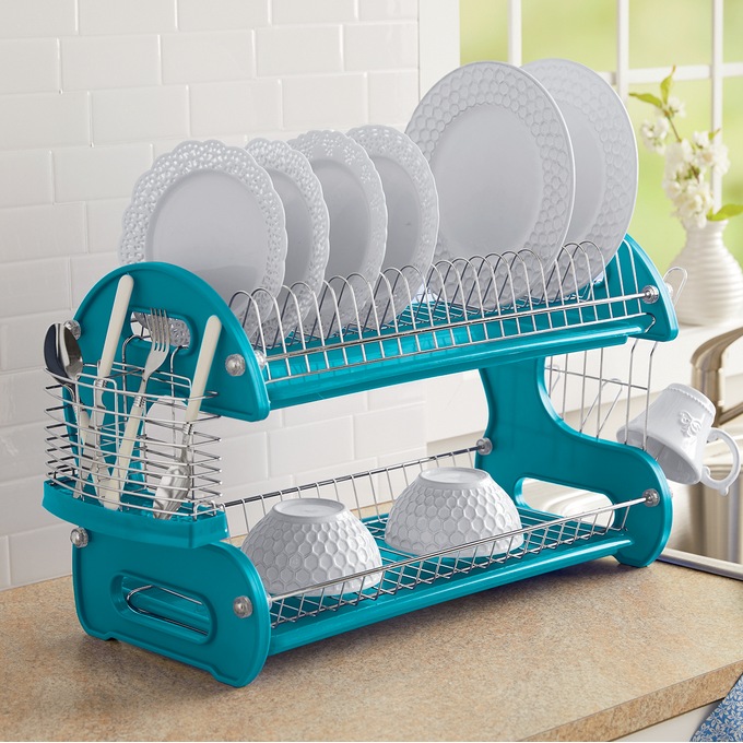 Space-Saving 2-Tier Dish Drying Rack with Utensil Holder, , large
