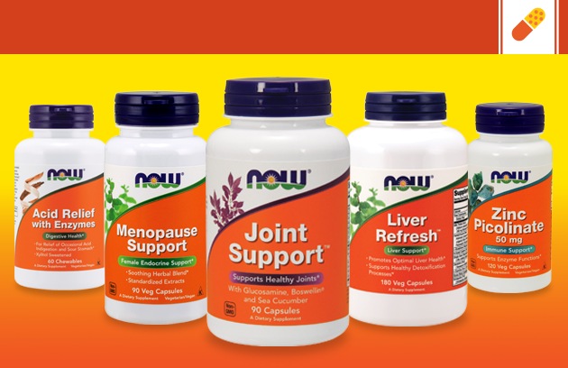 Five bottles of NOW supplements lined up in a row