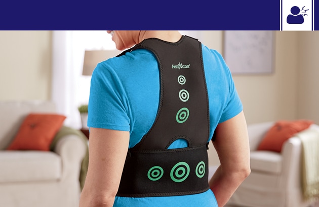 Woman in a blue shirt wearing a posture support vest