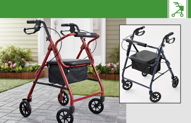 Red and black rollator on a brick walkway in front of a house